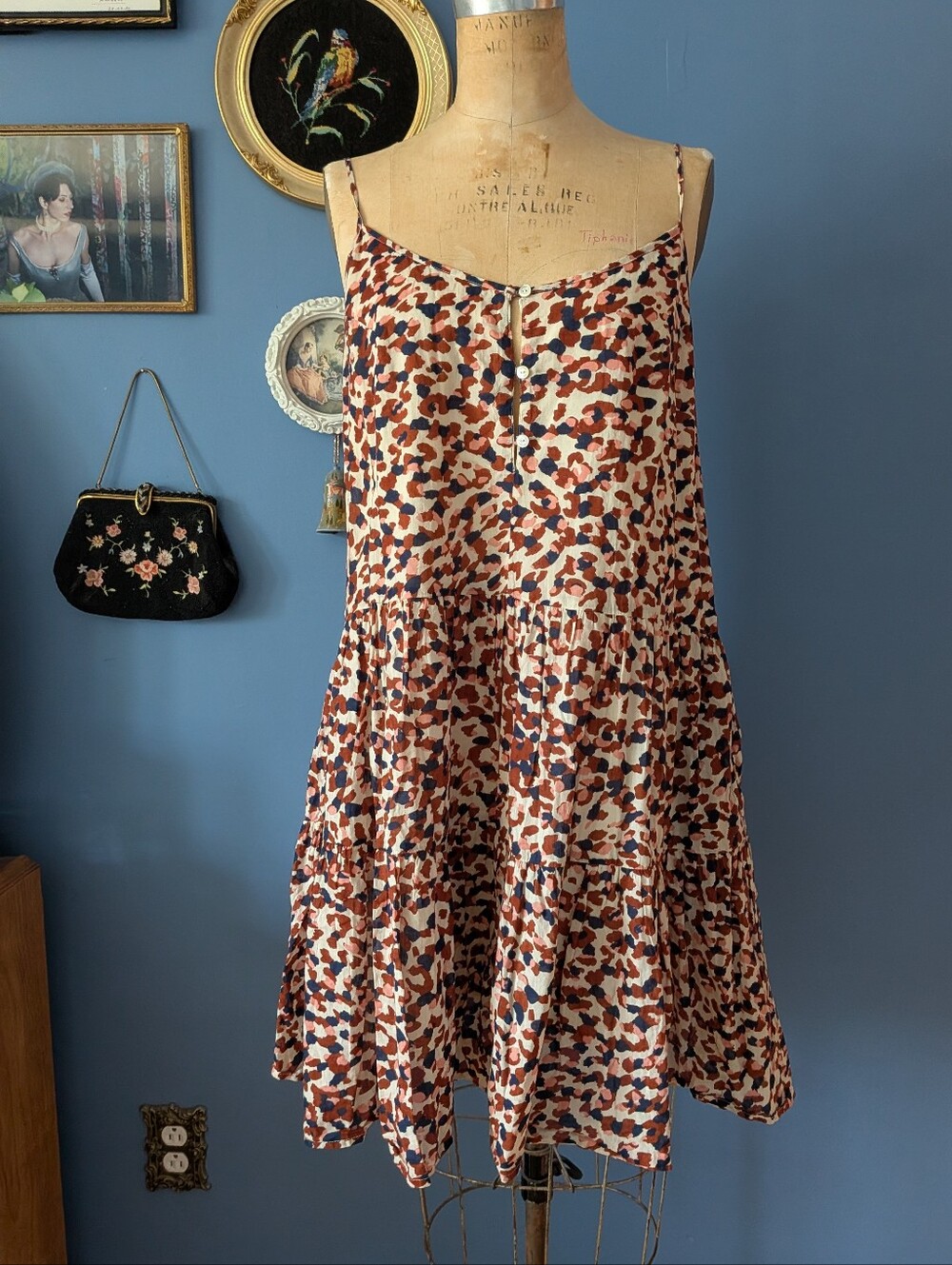 Velvet by Graham & Spencer Cream, Rust & Navy Abstract Print Tiered A-Line Skirt